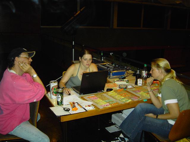 Planung am Notebook: Pia, daneben Gong und Katrin